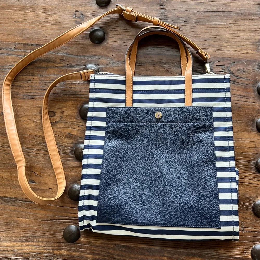 Nautica work bag, tote purse, blue nautical classic stripe NWOT adjustable - Picture 1 of 6